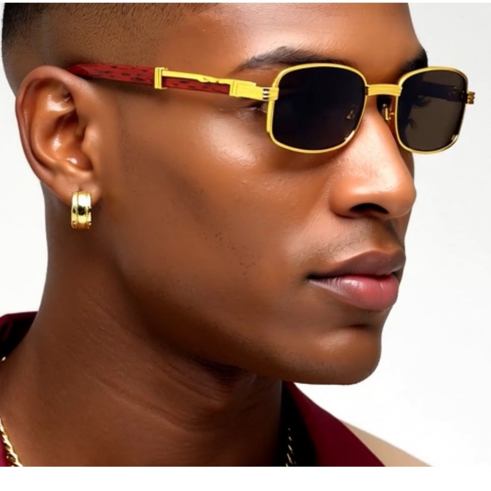 Rectangle Sunglasses Gold Frame Wood Arms‎ Dark Brown Lens Men Hip Hop Small New